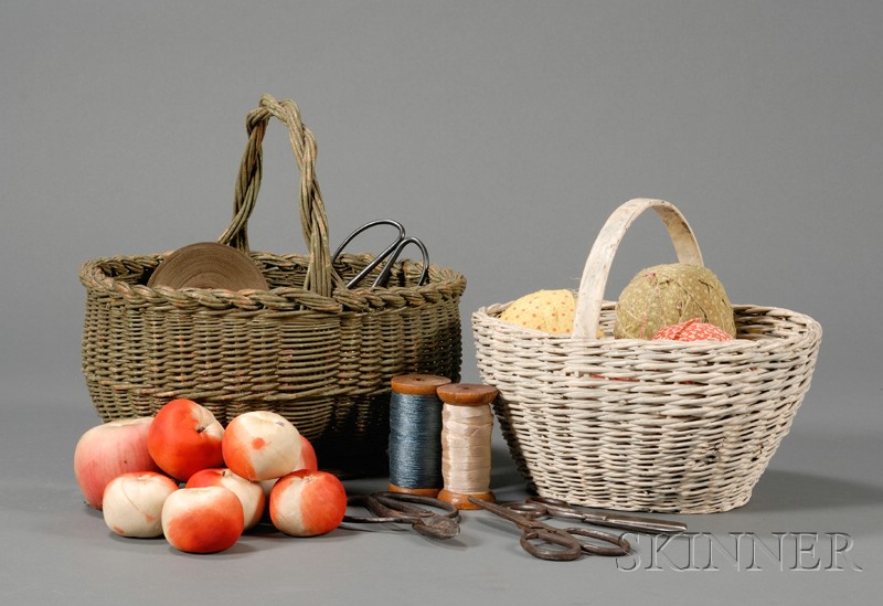 Appraisal: Two Painted Oval Wicker Baskets Containing Sewing and Rug-making Items