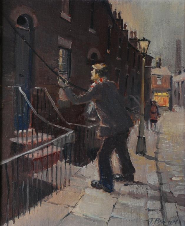 Appraisal: TOM BROWN OIL PAINTING ON CANVAS A man cleaning windows