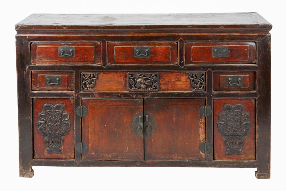 Appraisal: ASIAN CARVED WOOD CABINETCondition with wear to finish one handle