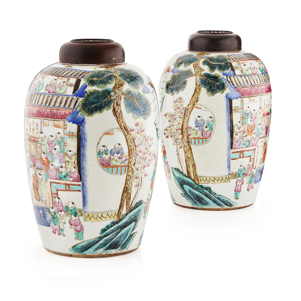 Appraisal: PAIR OF FAMILLE ROSE 'HUNDRED BOYS' JARS AND HARDWOOD COVERS