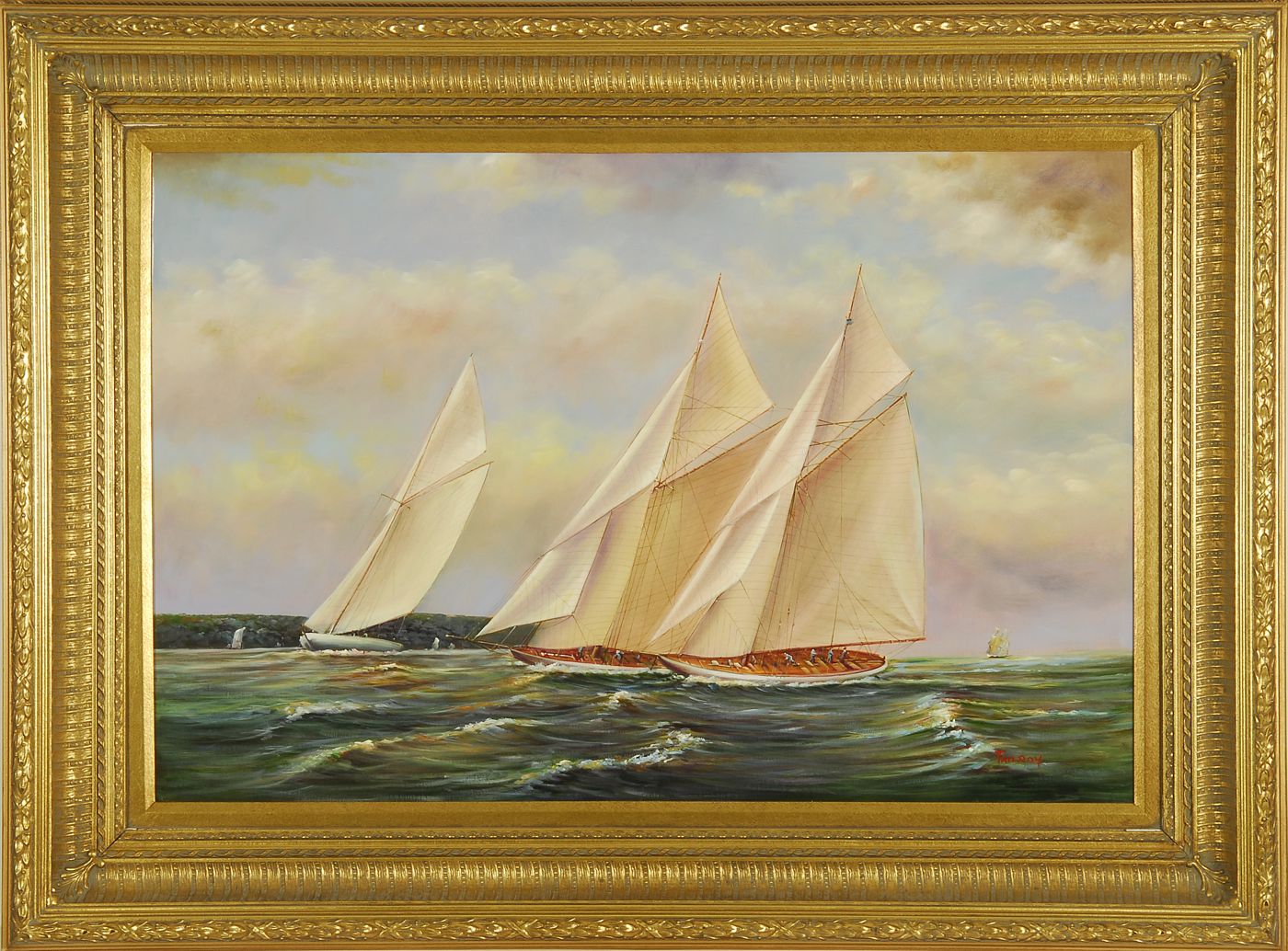 Appraisal: FRAMED PAINTING st CenturyTwo yachts racing under full sail through