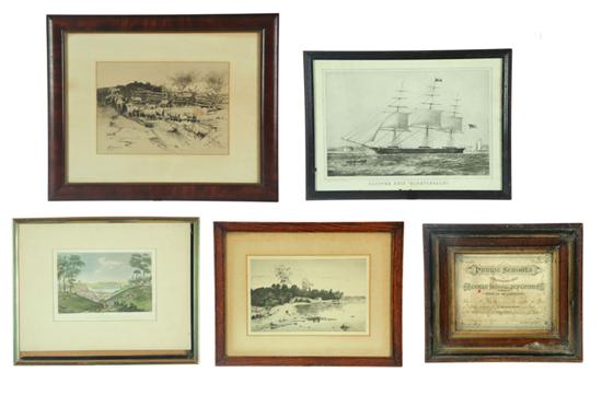 Appraisal: FOUR FRAMED PRINTS AND A CERTIFICATE American th- th century