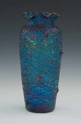 Appraisal: A Blue Glass Vase with Plum Iridescent Decorations The unsigned