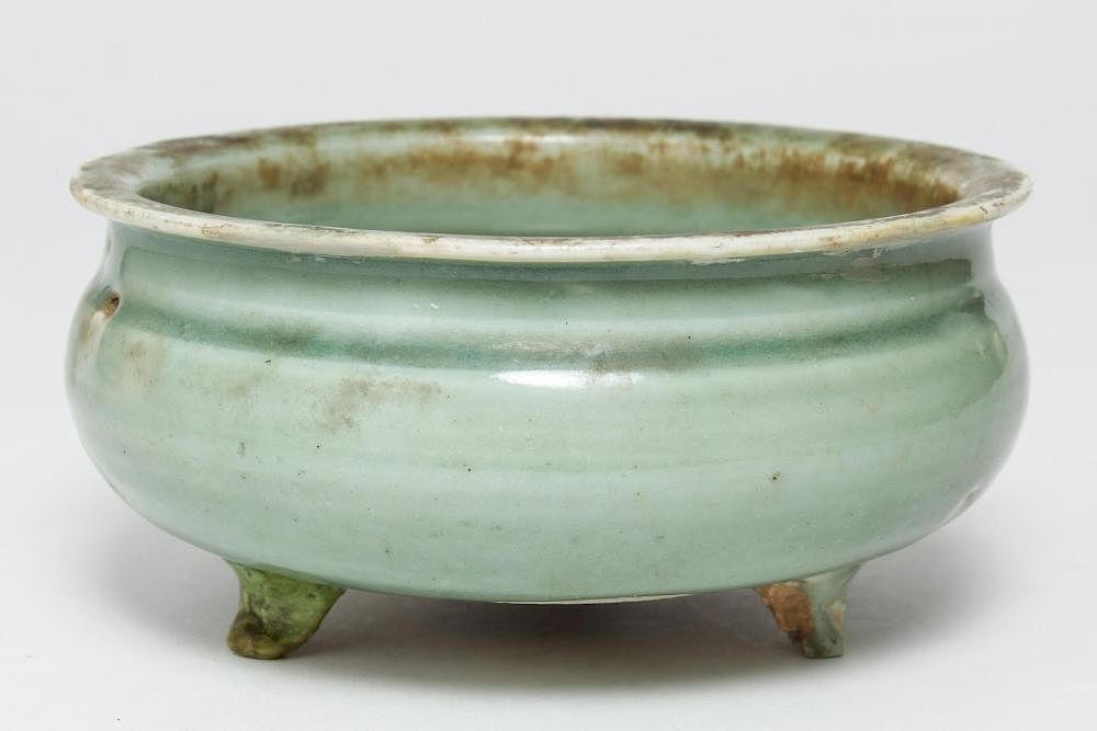 Appraisal: Asian Porcelain Celadon-Glazed Footed Censer Asian celadon glazed porcelain footed