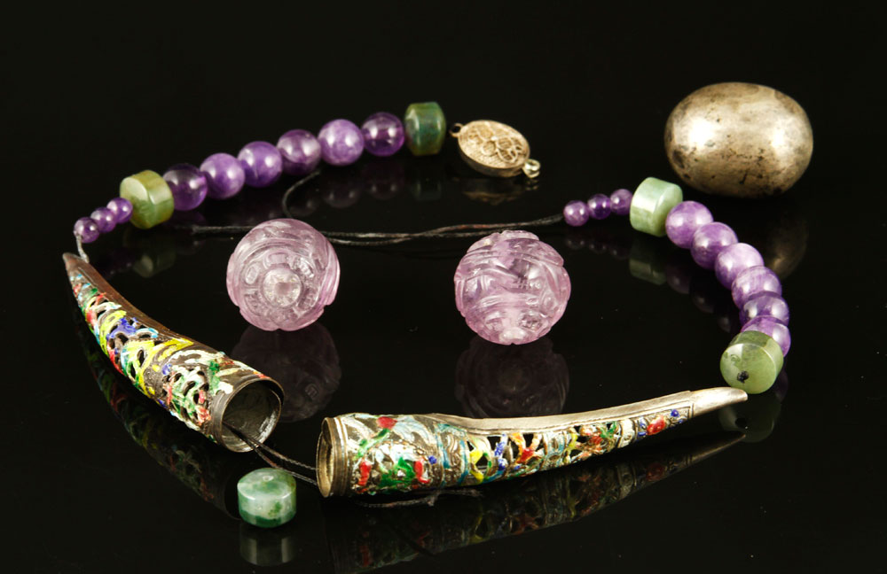 Appraisal: - Chinese Necklace Chinese necklace having large carved amethyst beads