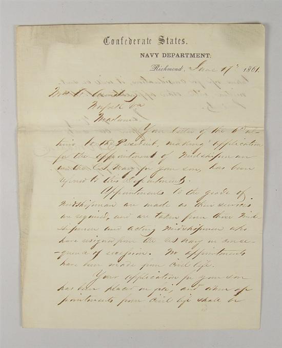 Appraisal: Letter from S tephen R Mallory Secretary of the Confederate