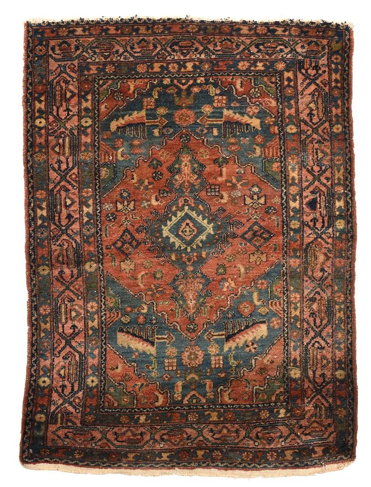 Appraisal: Heriz Rug th century blue central medallion red field blue