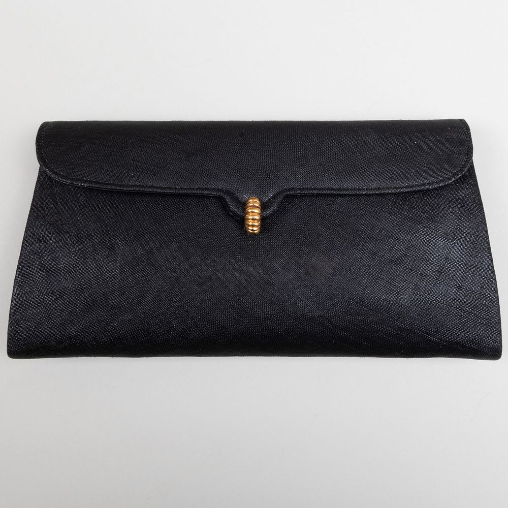 Appraisal: Germaine Gu rin Black Fabric Clutch Gilt embossed label x