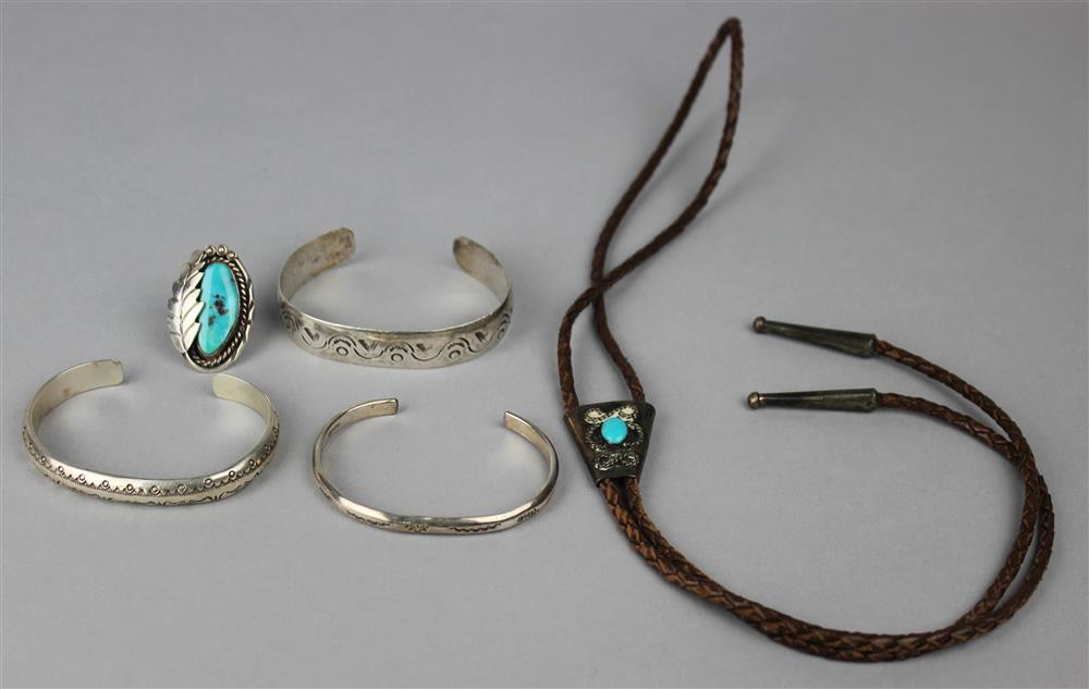 Appraisal: THREE STERLING SILVER STAMPED CUFFS WITH A STERLING AND TURQUOISE