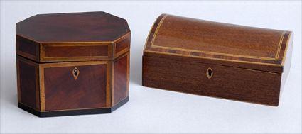 Appraisal: TWO GEORGE III INLAID MAHOGANY TEA CADDIES The one octagonal