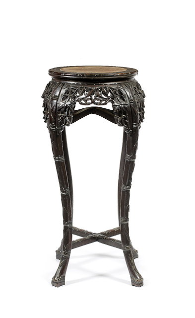 Appraisal: A Chinese hardwood tall urn stand th Centurythe sides carved