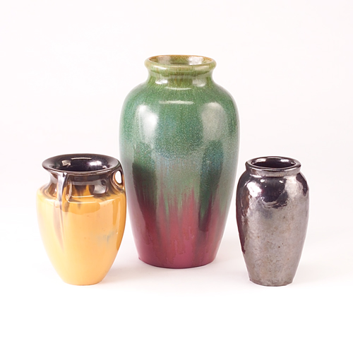 Appraisal: FULPER Three ovoid vases tallest in Moss-to-Rose flambe bullet-shaped in