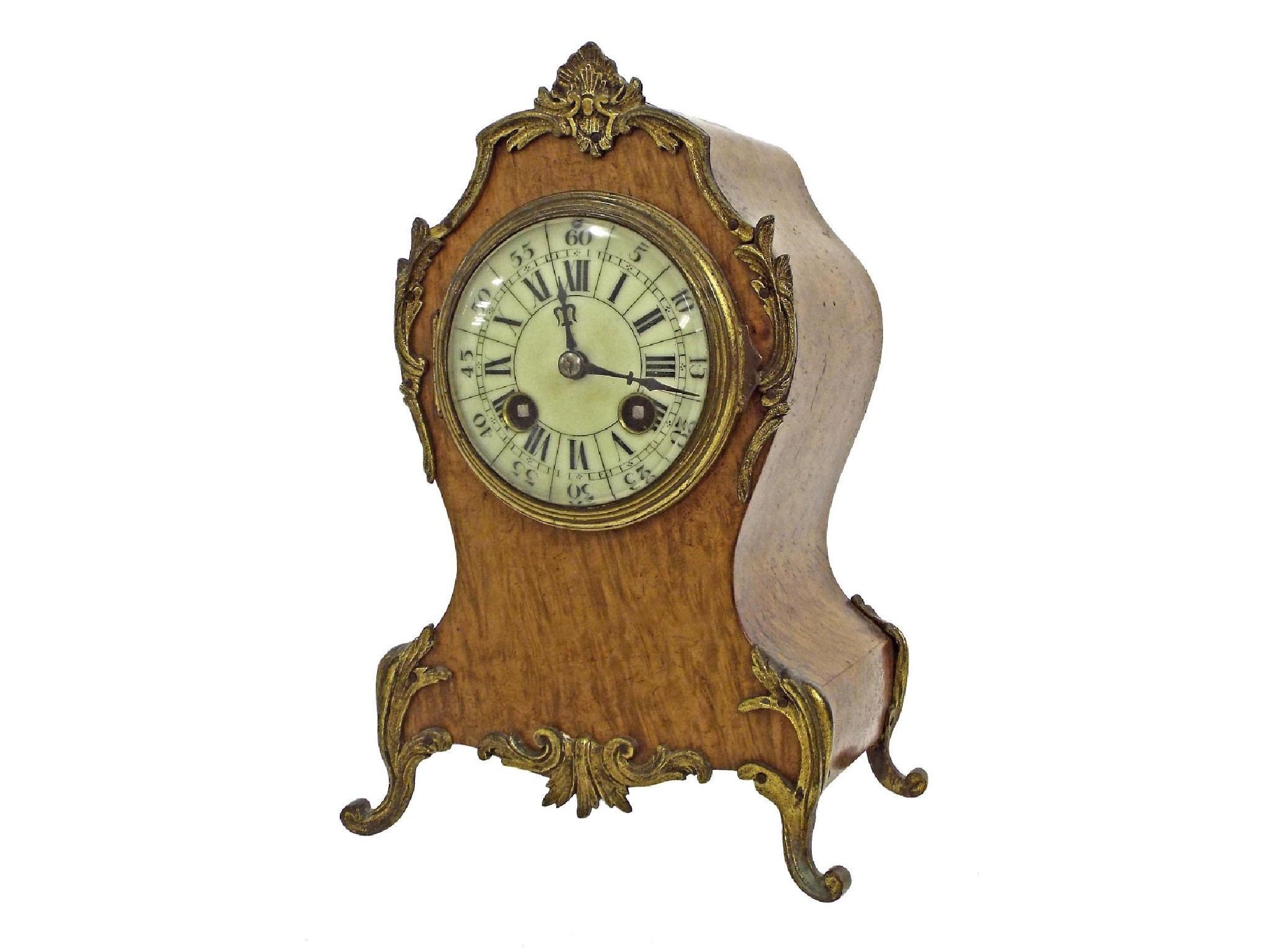 Appraisal: French burr wood small two train mantel clock striking on