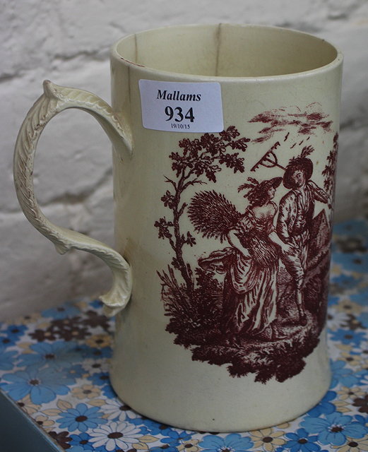 Appraisal: A CREAMWARE QUART TANKARD with a printed design of two