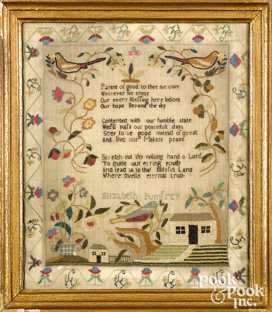 Appraisal: English silk on linen sampler early th c English silk