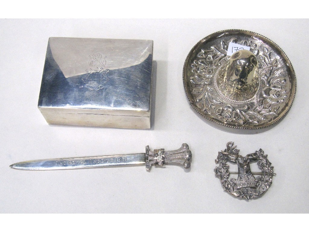 Appraisal: Lot comprising Mexican sombrero dish silver letter opener silver cigarette