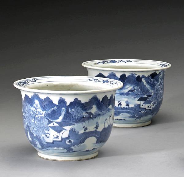 Appraisal: A pair blue and white porcelain cache pots Late Qing