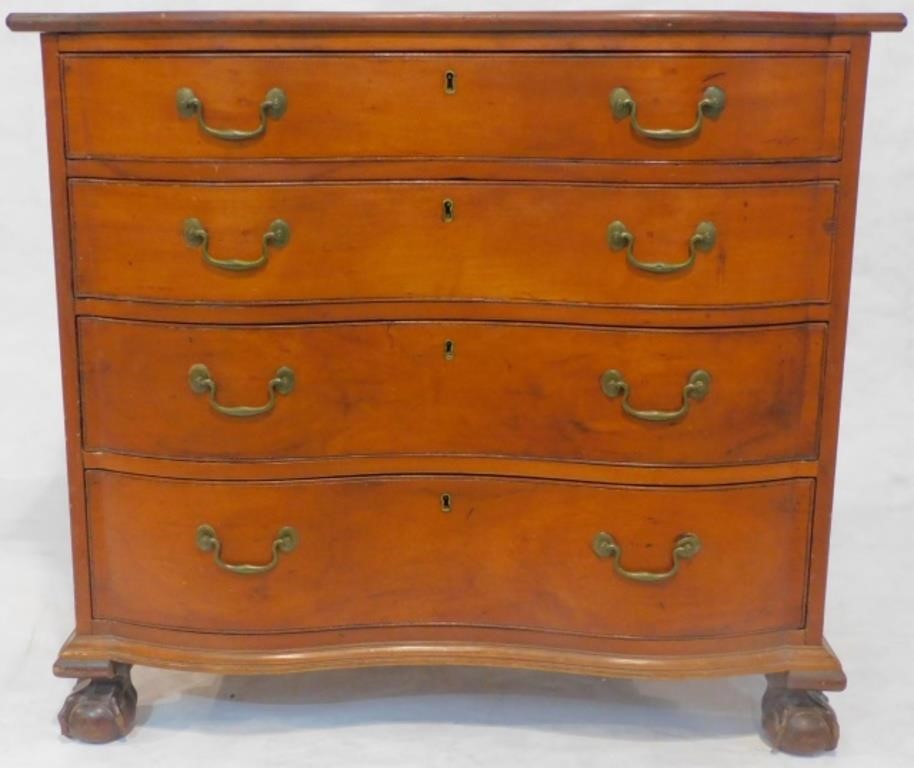 Appraisal: DIMINUTIVE TH CENTURY SERPENTINE FRONT FOURdrawer chest Cherry Refinished condition