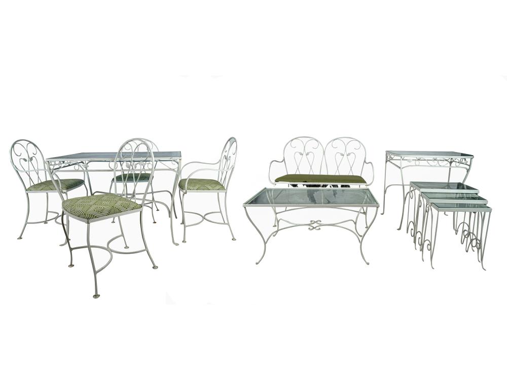 Appraisal: WOODARD STYLE WHITE-PAINTED PATIO SETcomprising one rectangular table with inset