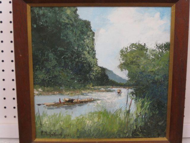 Appraisal: P J Malakoul Oil A Thailand River with boats image