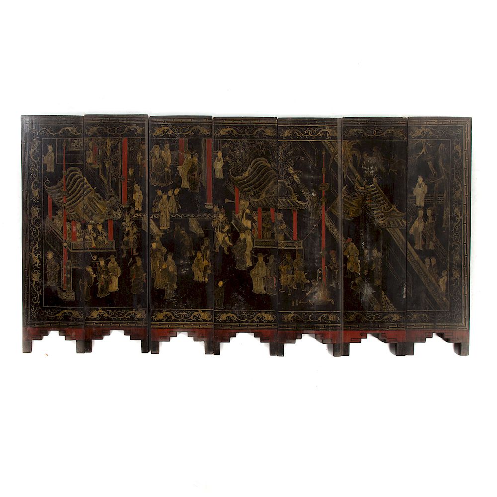 Appraisal: Chinese Painted Wood Table Screen th century seven panel painted