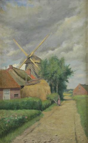 Appraisal: MILLAR Addison T Oil on Canvas Figure on PathBeside Windmill