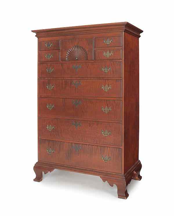 Appraisal: Eldred Wheeler Chippendale style curly maple tall chest h w