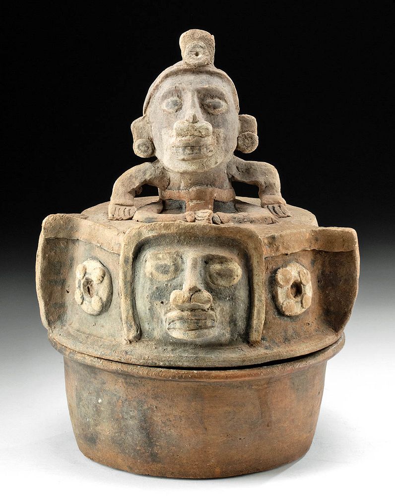 Appraisal: Maya Pottery Lidded Cache Vessel w Deity Pre-Columbian southern Mexico