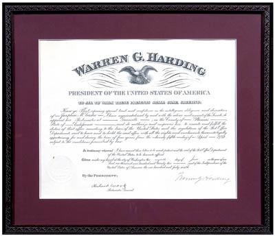 Appraisal: Warren G Harding signed document partially printed appointment of Josephine