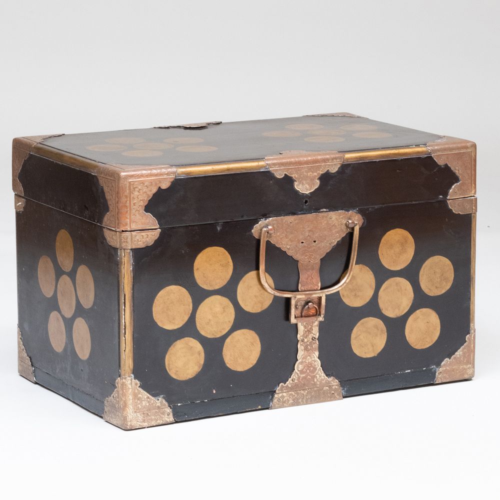 Appraisal: Japanese Gilt-Metal-Mounted Black Lacquer and Parcel-Gilt Trunk Opening to a