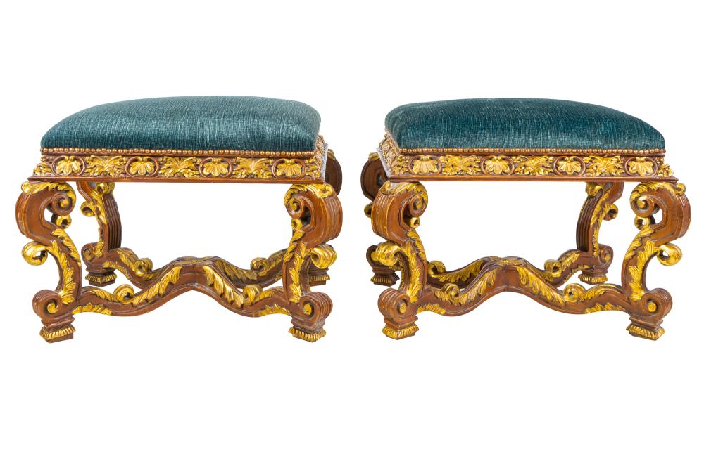 Appraisal: PAIR OF REGENCE-STYLE CARVED WOOD PARCEL GILT BENCHES th Century