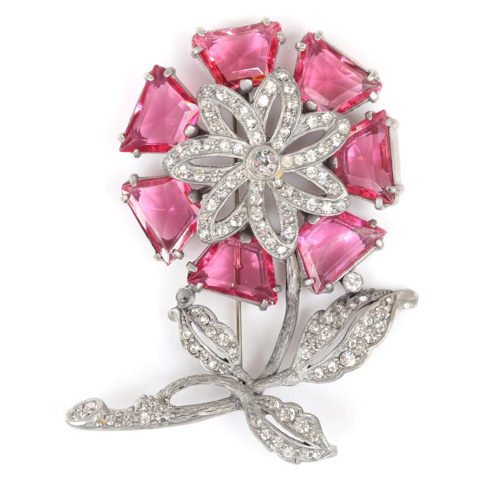 Appraisal: EISENBERG PINK AND CLEAR FLORAL BROOCH WITH POT METAL AND