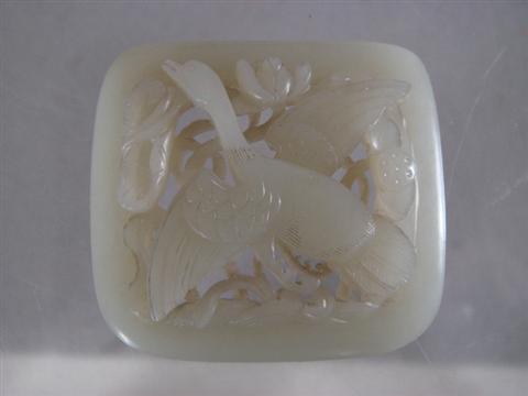 Appraisal: Pierce carved light green jade medallion with spread wing goose