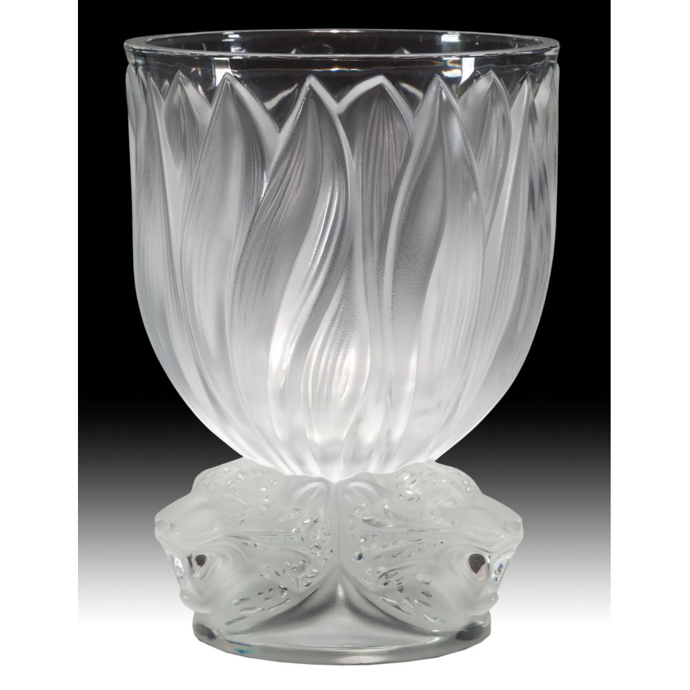 Appraisal: LALIQUE CRYSTAL THREE JAGUARS VASEHaving frosted leaves surmounted on jaguar