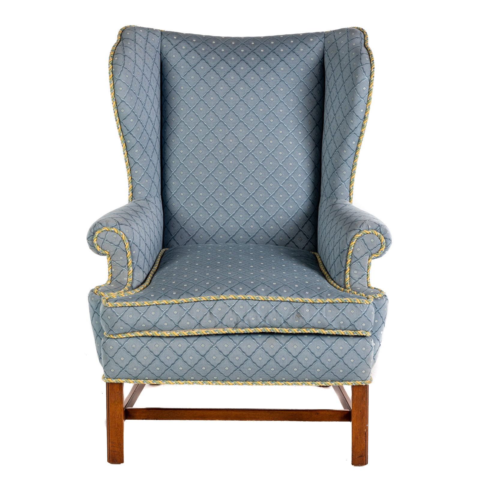 Appraisal: CHIPPENDALE STYLE UPHOLSTERED WING CHAIR Mahogany frame in H in