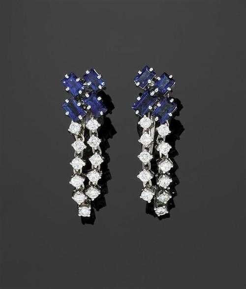 Appraisal: SAPPHIRE AND BRILLIANT-CUT DIAMOND CLIP EARRINGS White gold Decorative elegant