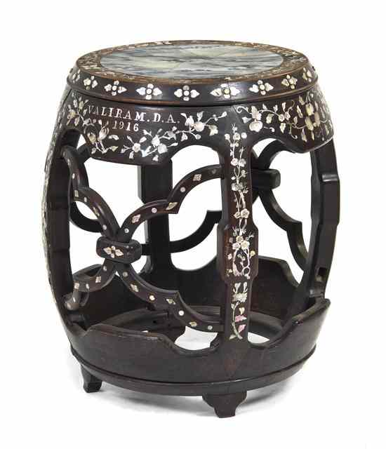 Appraisal: A Hardwood and Mother-of-Pearl Inlaid Stool having a circular marble