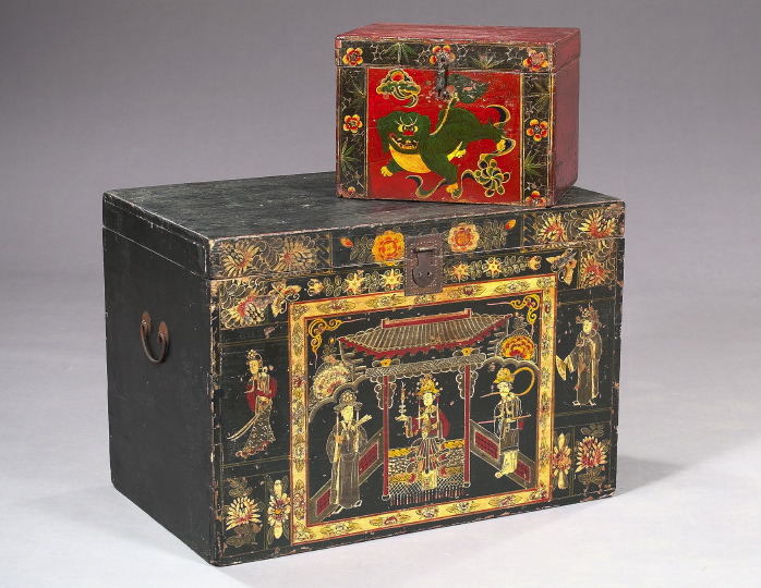 Appraisal: Two Polychromed Chinese Storage Trunks the first a Chinese Provincial