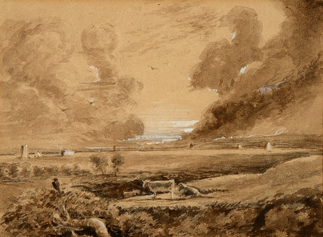 Appraisal: ENGLISH SCHOOLLandscape with cattle pencil and brown wash drawing heightened