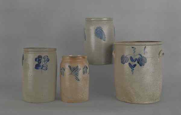 Appraisal: Four Pennsylvania cobalt decorated stoneware crocks th c tallest -