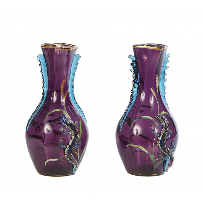 Appraisal: Pair of Deep Violet Glass Vases th c with applied