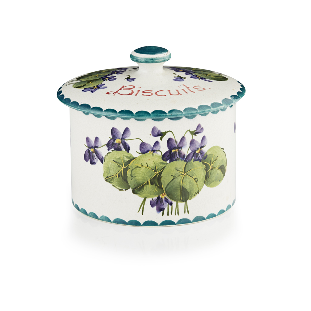 Appraisal: A WEMYSS WARE BISCUIT BARREL COVER 'VIOLETS' PATTERN EARLY TH