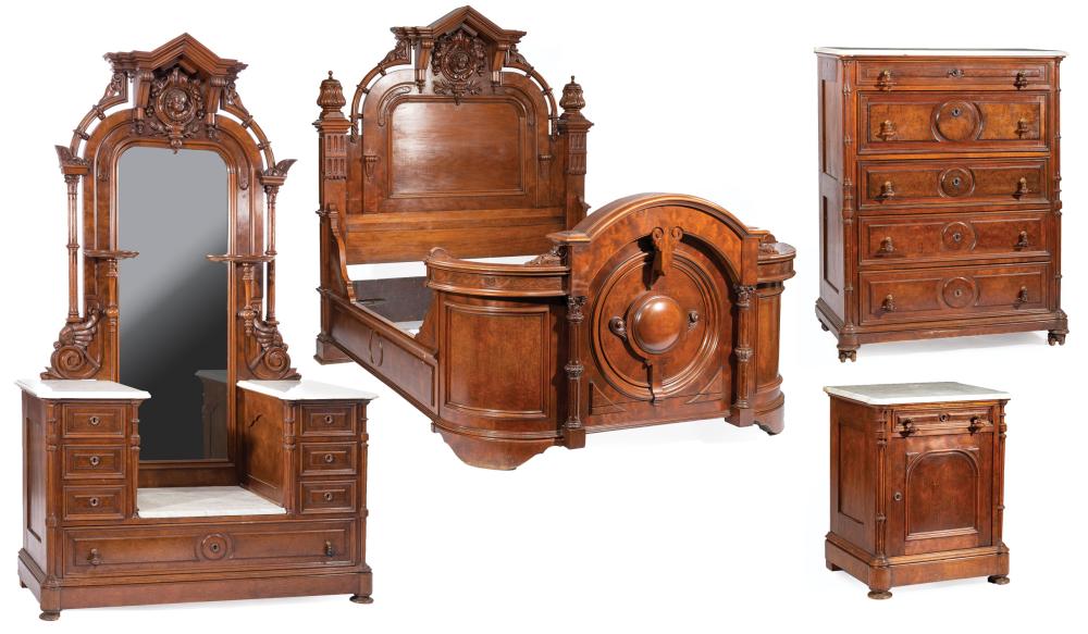 Appraisal: American Renaissance Carved and Burled Walnut Four-Piece Bedroom Suite mid-to-late