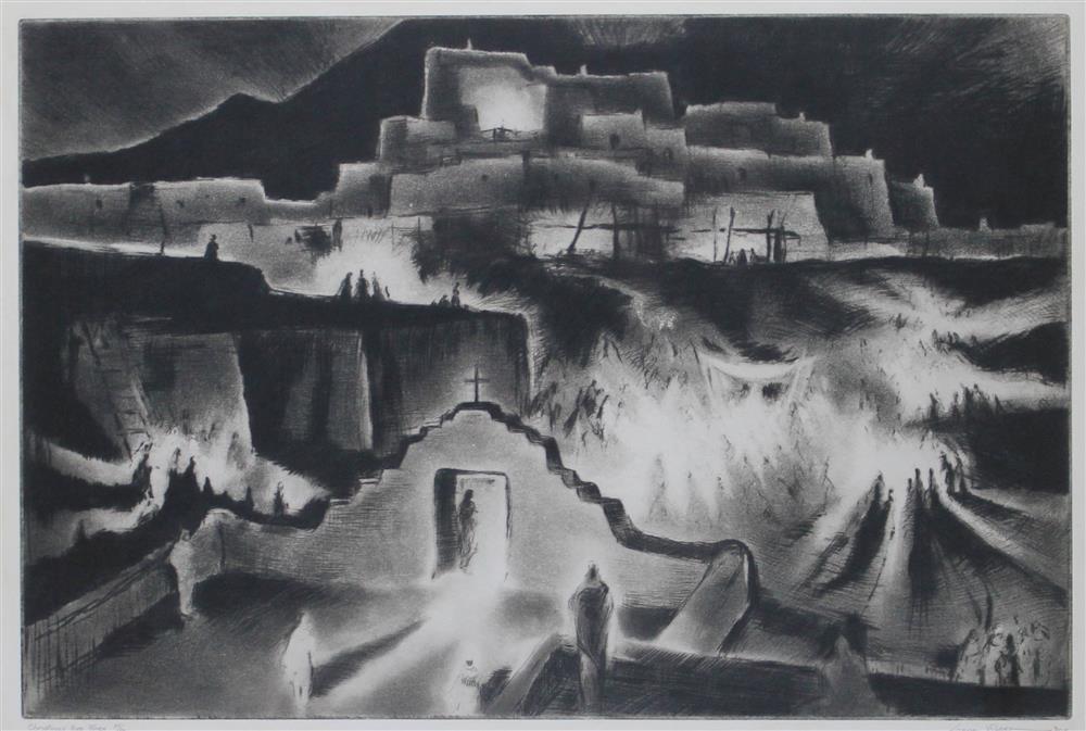 Appraisal: GENE KLOSS AMERICAN CHRISTMAS EVE FIRES Drypoint and aquatint on