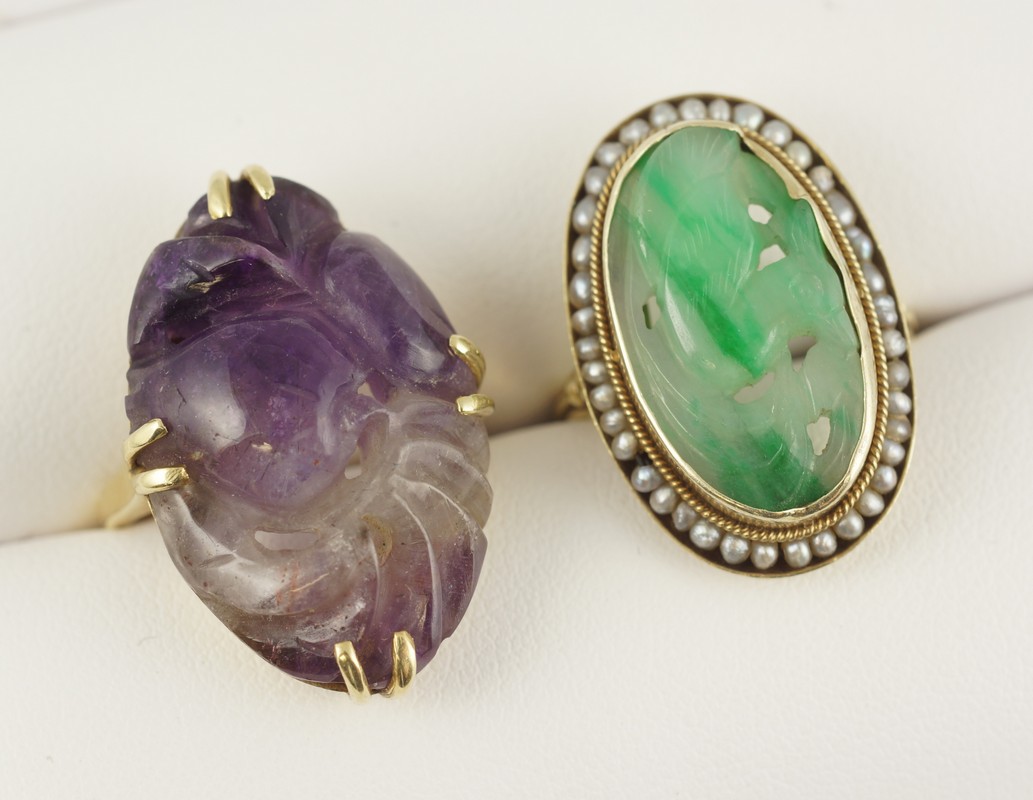 Appraisal: K YG carved hardstone rings the amethyst quartz ring approximately