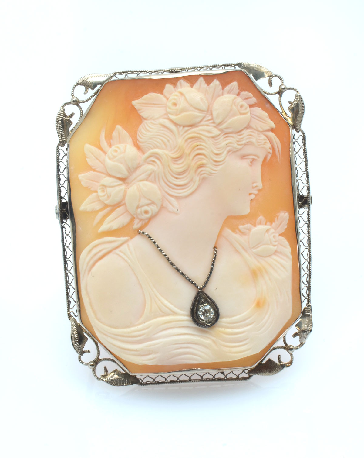 Appraisal: VICTORIAN K CAMEO W DIAMOND Victorian K white gold filigree