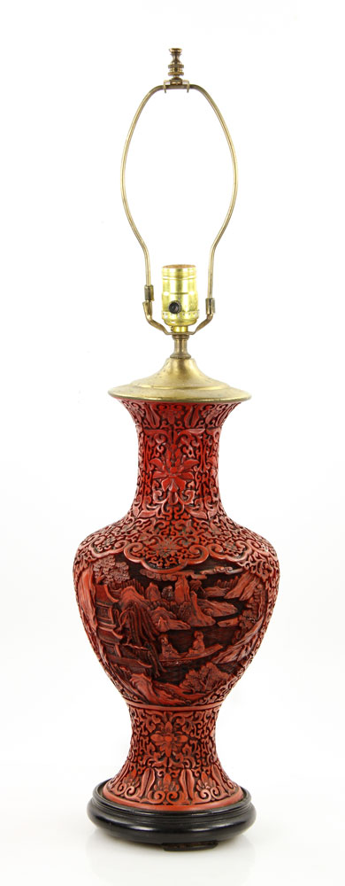 Appraisal: - Cinnabar Lamp Finely carved cinnabar lamp to top of