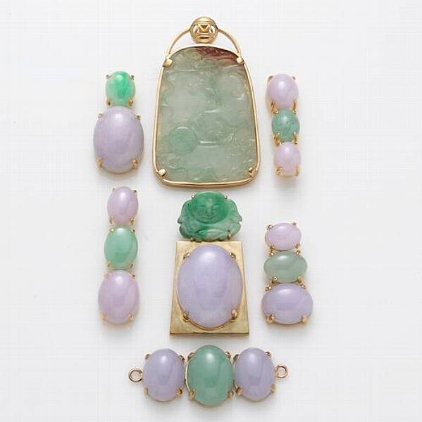 Appraisal: A collection of multi-colored jade and k gold jewelry including