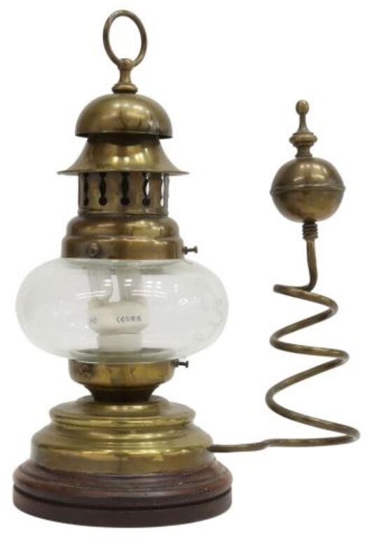 Appraisal: Electrified brass lantern with onion-type glass shade wood base in