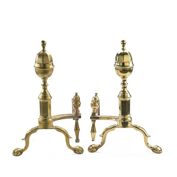 Appraisal: PAIR OF ACORN FINIAL ANDIRONS Chippendale style with ball and